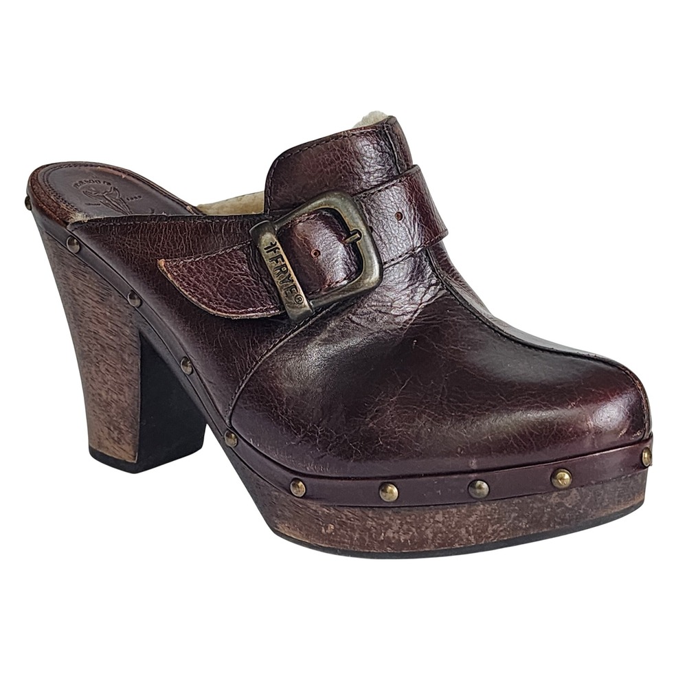 Frye Women Dark Brown Leather Shearling Lined Platform Clogs Wood Heel Mules 9
